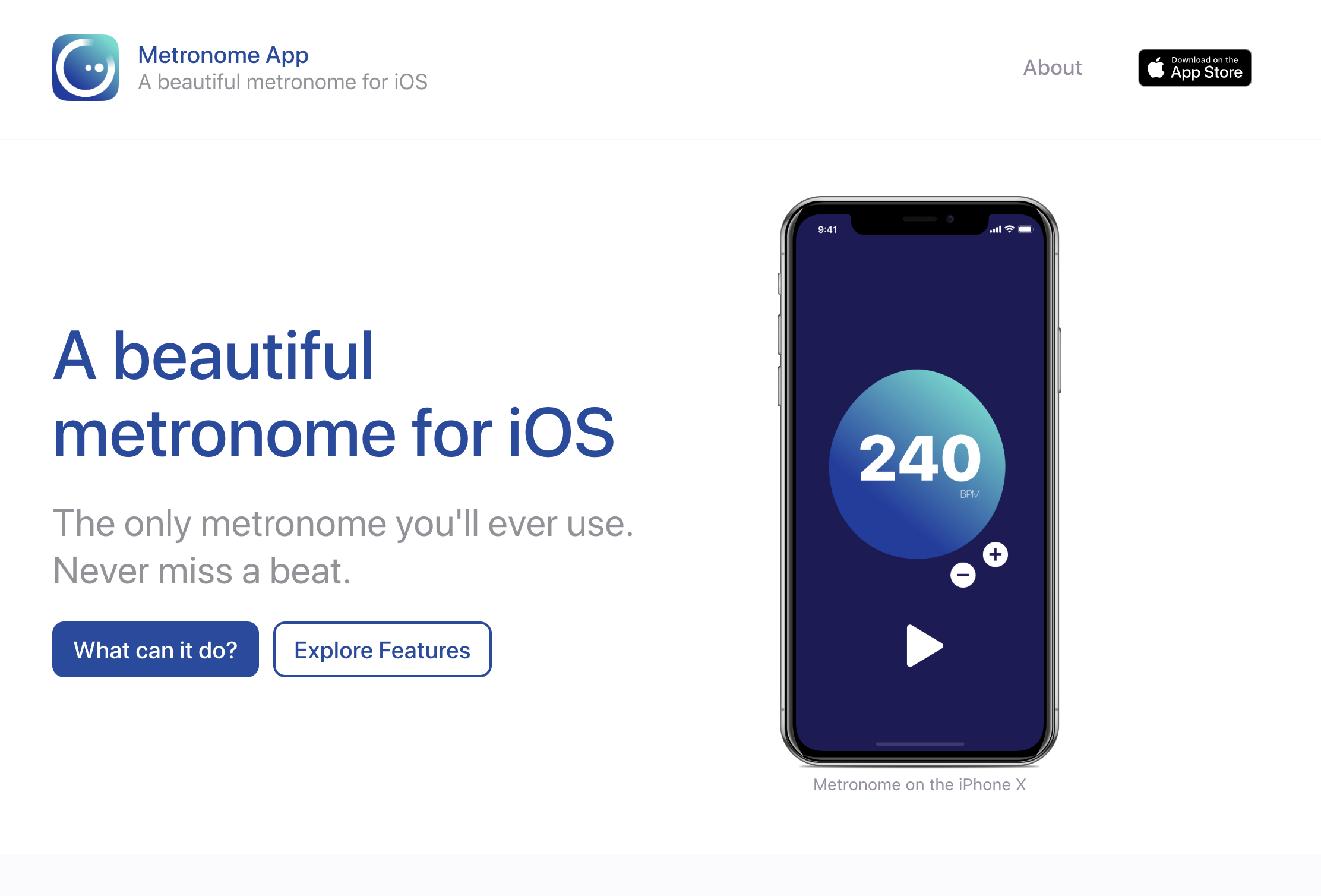 A mockup of an iOS app webpage with "A beautiful metronome for iOS" title and a mockup to the right