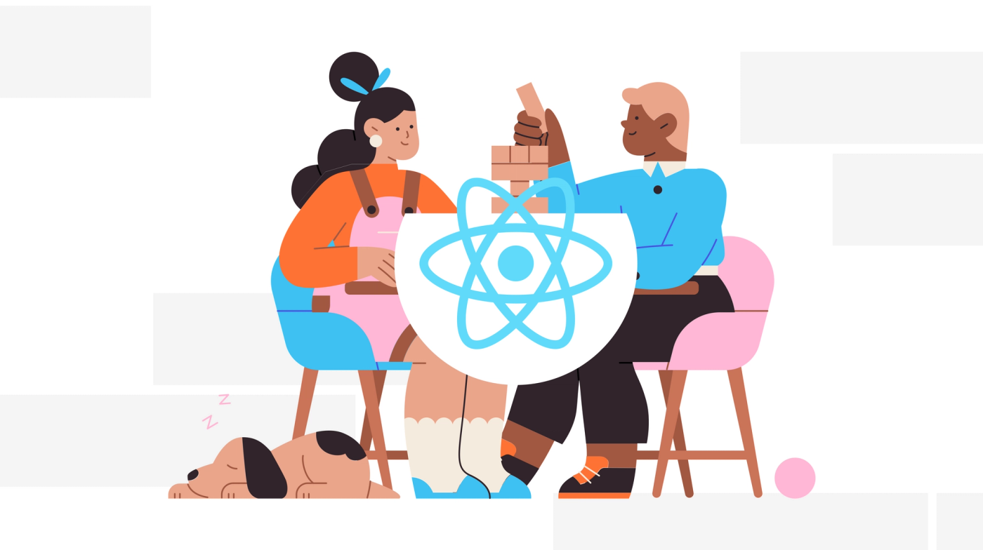 Two people playing a block stacking game on top of the React logo