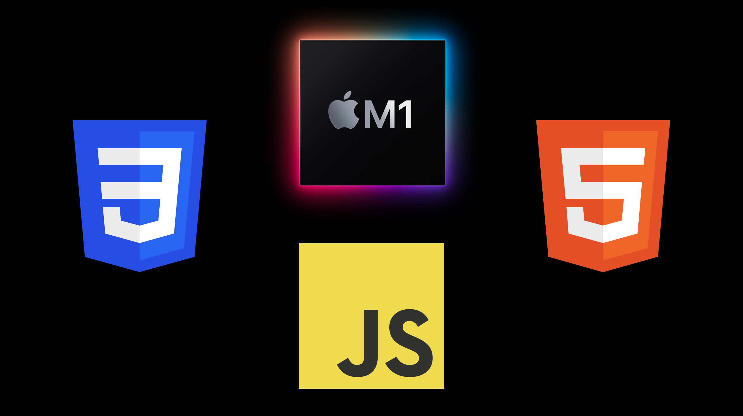 4 logos in a diamond layout on a black background. In a clockwise direction starting from the top, the M1 chip, HTML5, JacaScript, CSS3