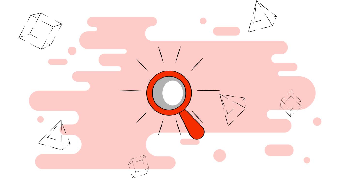 Magnifying glass on a pale red background with abstract shapes surrounding