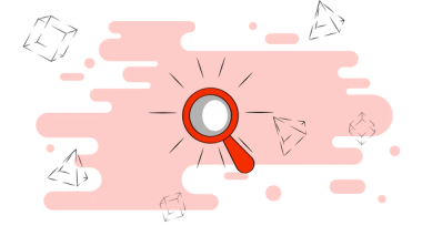 Magnifying glass on a pale red background with abstract shapes surrounding