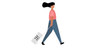 illustration showing a woman with a suitcase on wheels with the Ghost logo