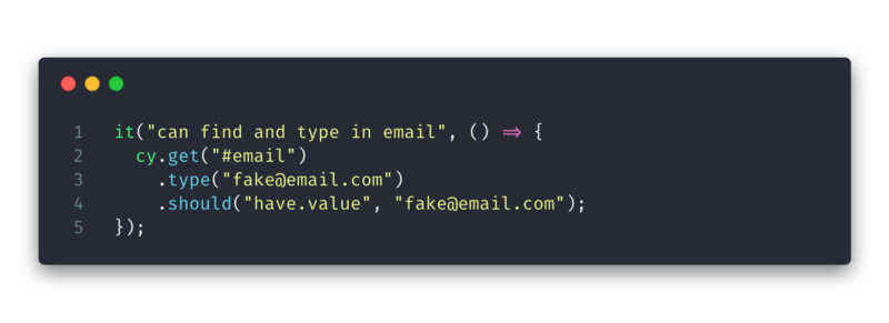 codesnippet showing simple test setup and assert with a cy.get and .should chain
