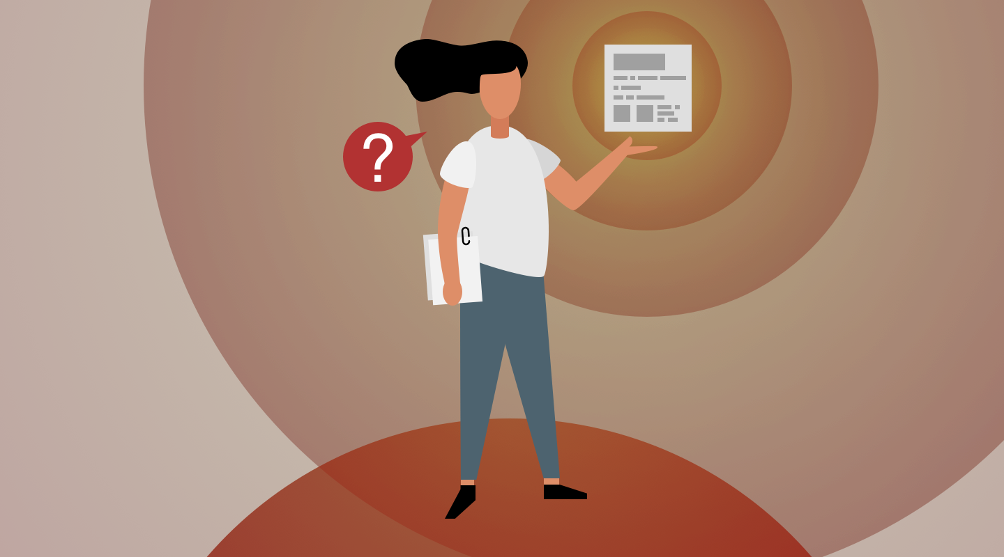 An illustrated person holding a newspaper with a question mark bubble