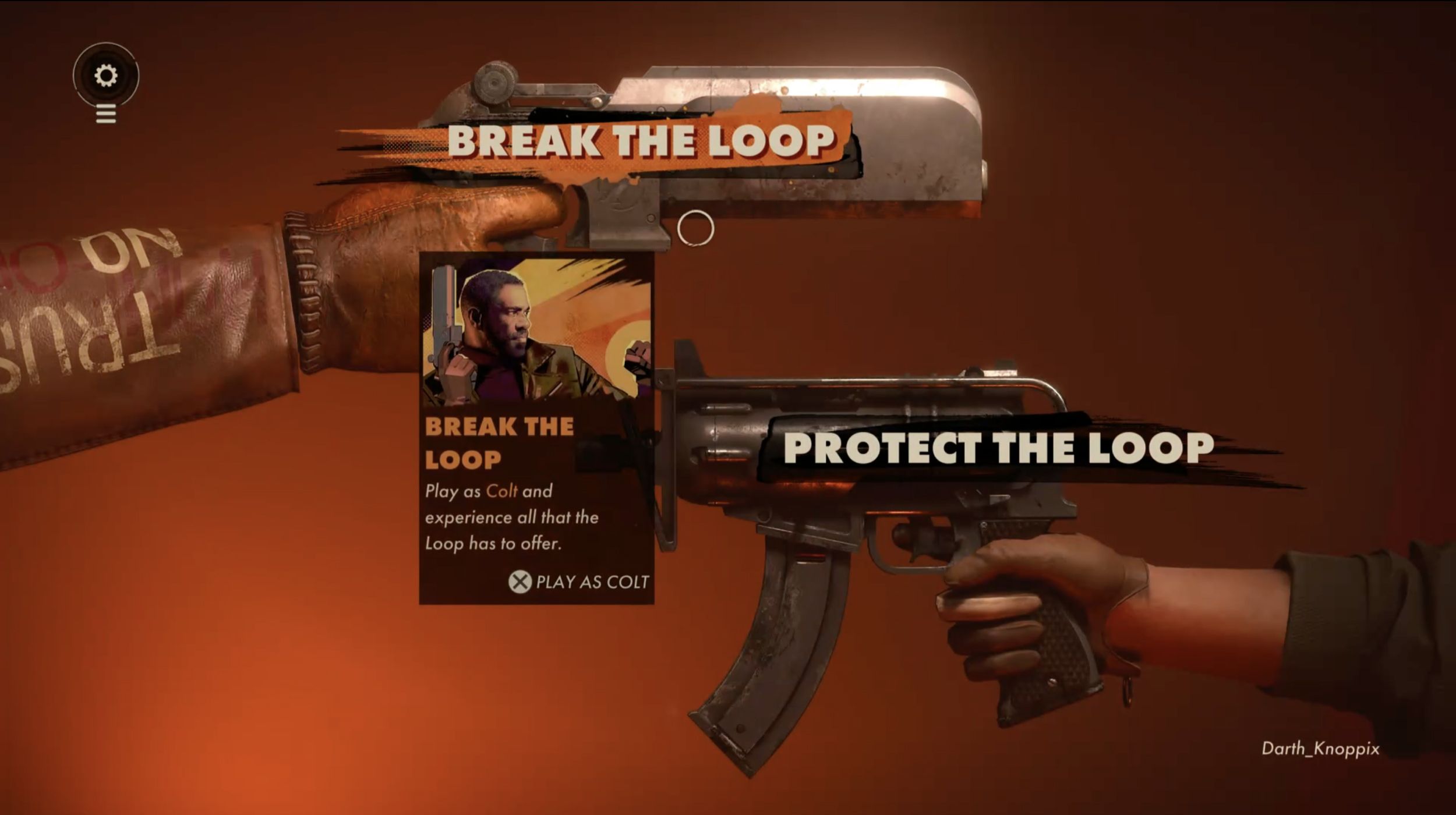 The title screen of Deathloop on PS5 showing "BREAK THE LOOP" and "PROTECT THE LOOP" titles overlayed on two characters hands holding guns