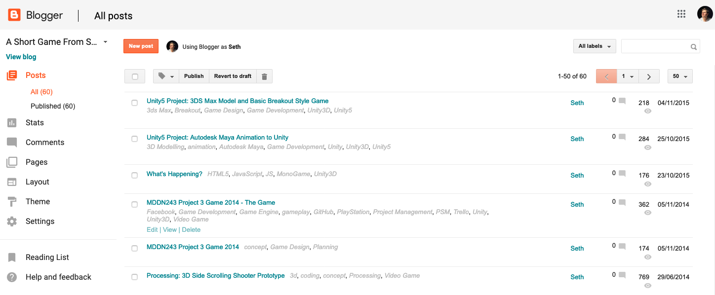 Admin interface in blogger showing posts