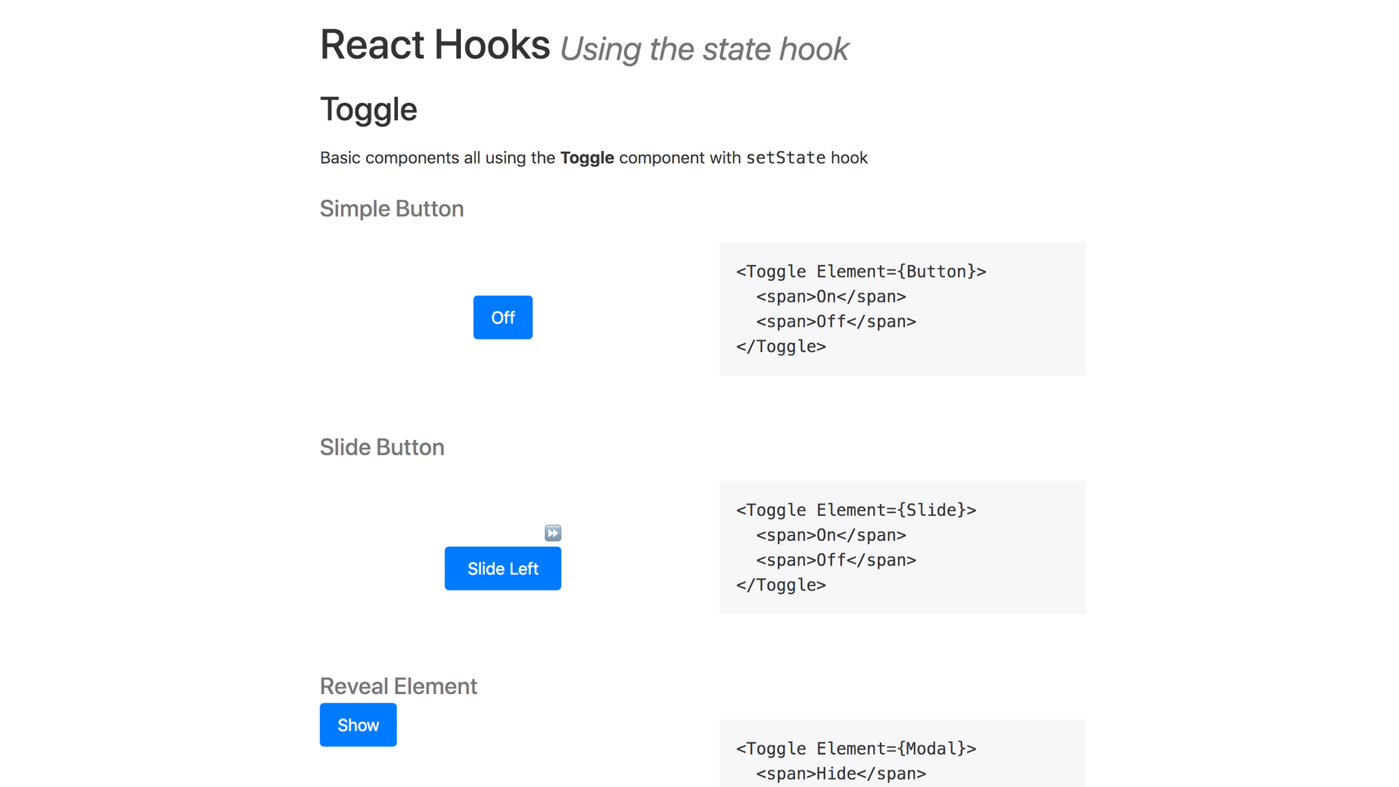 Webpage with the title "Reach Hooks"