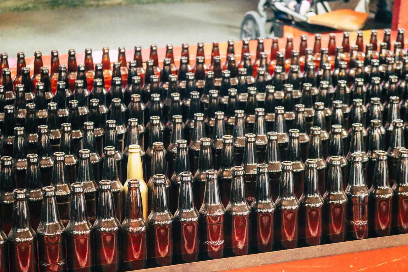 One gold bottle in a crate of brown bottles