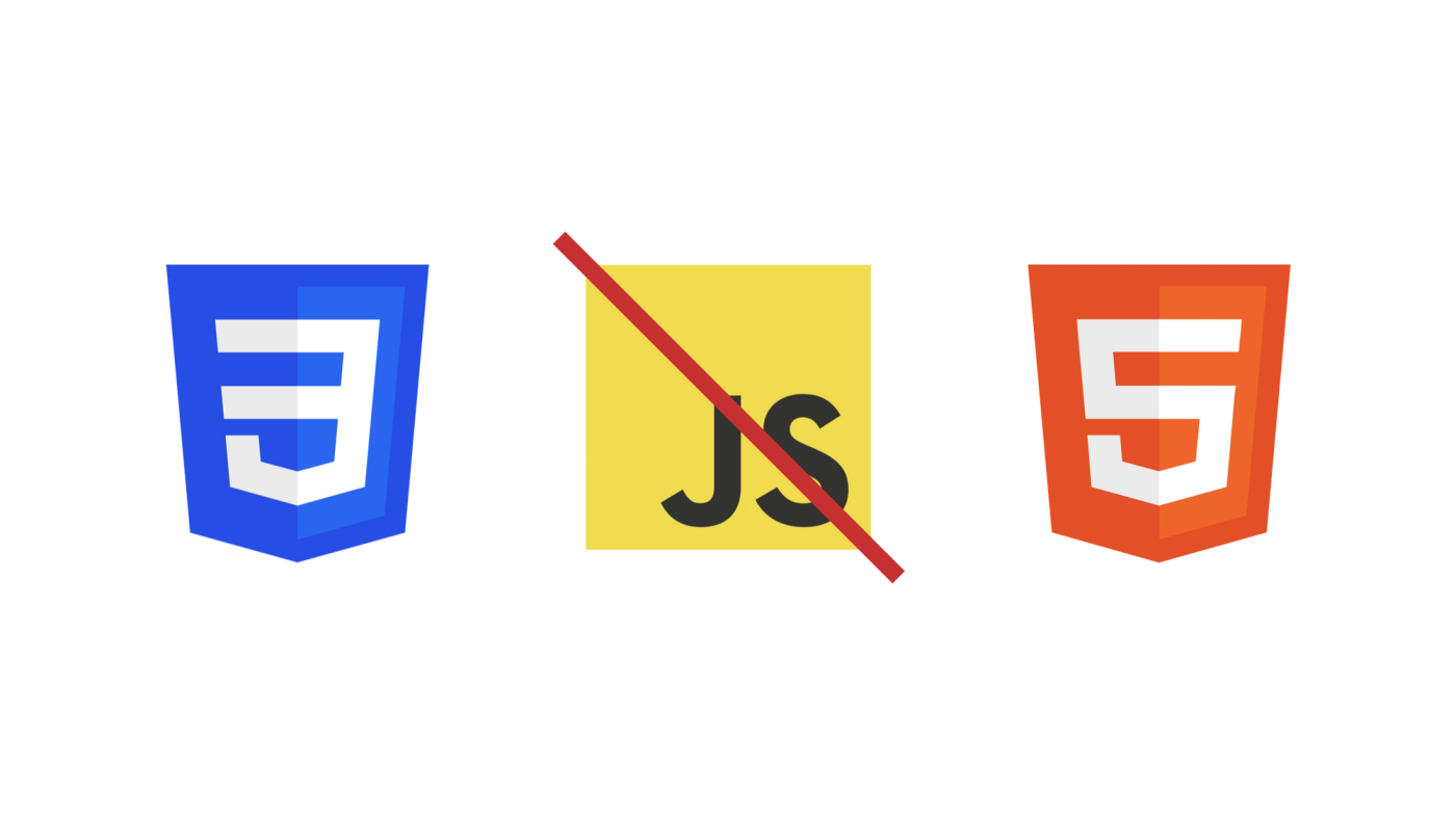 Three logos in a row, from left to right, the CSS 3 logo, JavaScript logo with a red diagonal line through it and the HTML 5 logo