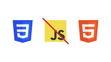 Three logos in a row, from left to right, the CSS 3 logo, JavaScript logo with a red diagonal line through it and the HTML 5 logo