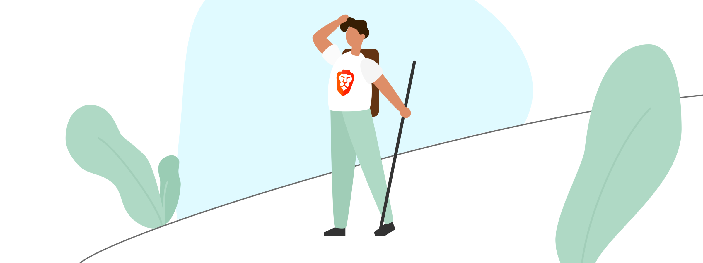 An illustration of a hiker wearing a shirt with the Brave logo