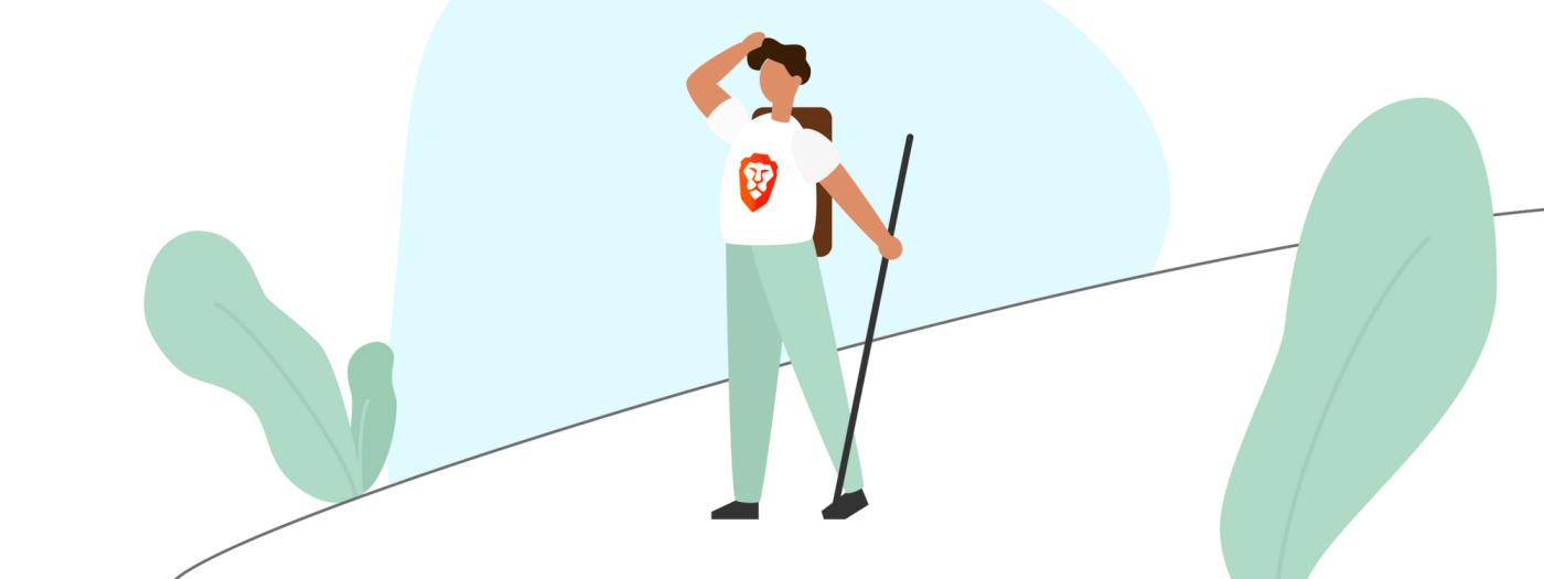 An illustration of a hiker wearing a shirt with the Brave logo