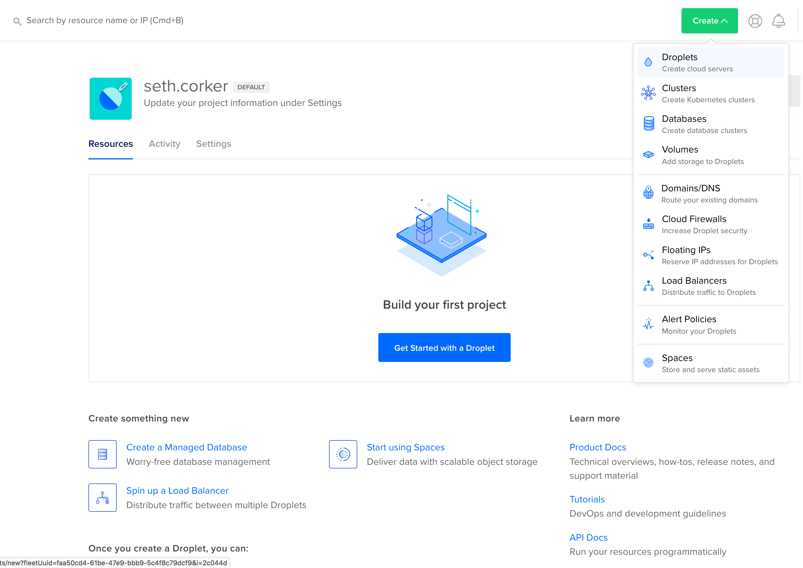 an empty dashboard on DigitalOcean with a Get Started with a Droplet button