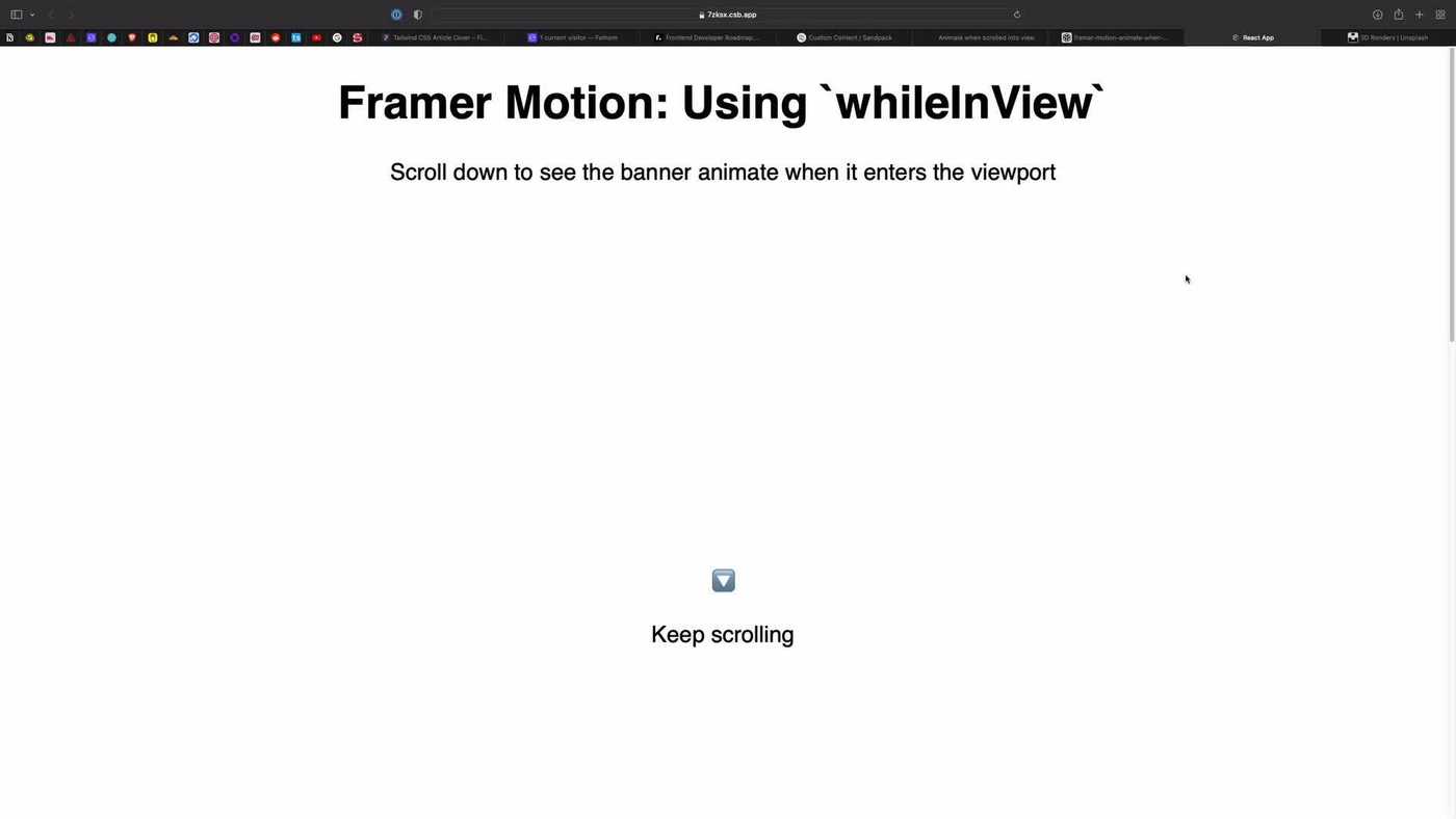 A screenshot of a browser window with a white page with the title "Framer Motion: Using `whileInView`"