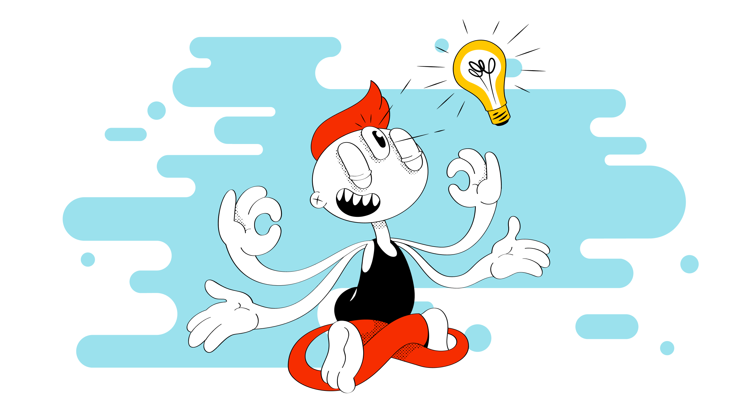 Cartoon person seeing an idea lightbulb in their mind's eye on a light blue cloud background