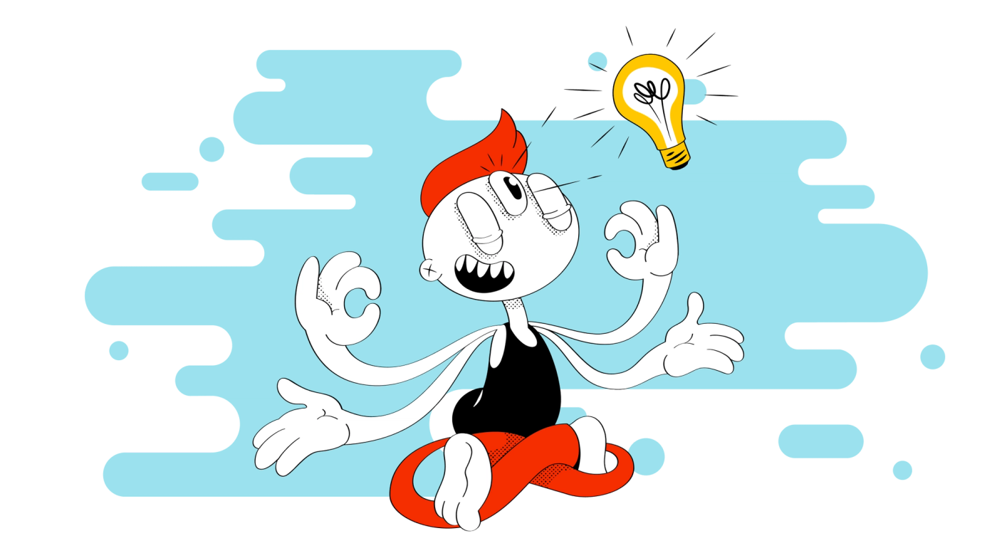 Cartoon person seeing an idea lightbulb in their mind's eye on a light blue cloud background