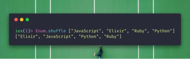 A snippet of code showing the iex prompt for shuffling an array of programming language names in Elixir