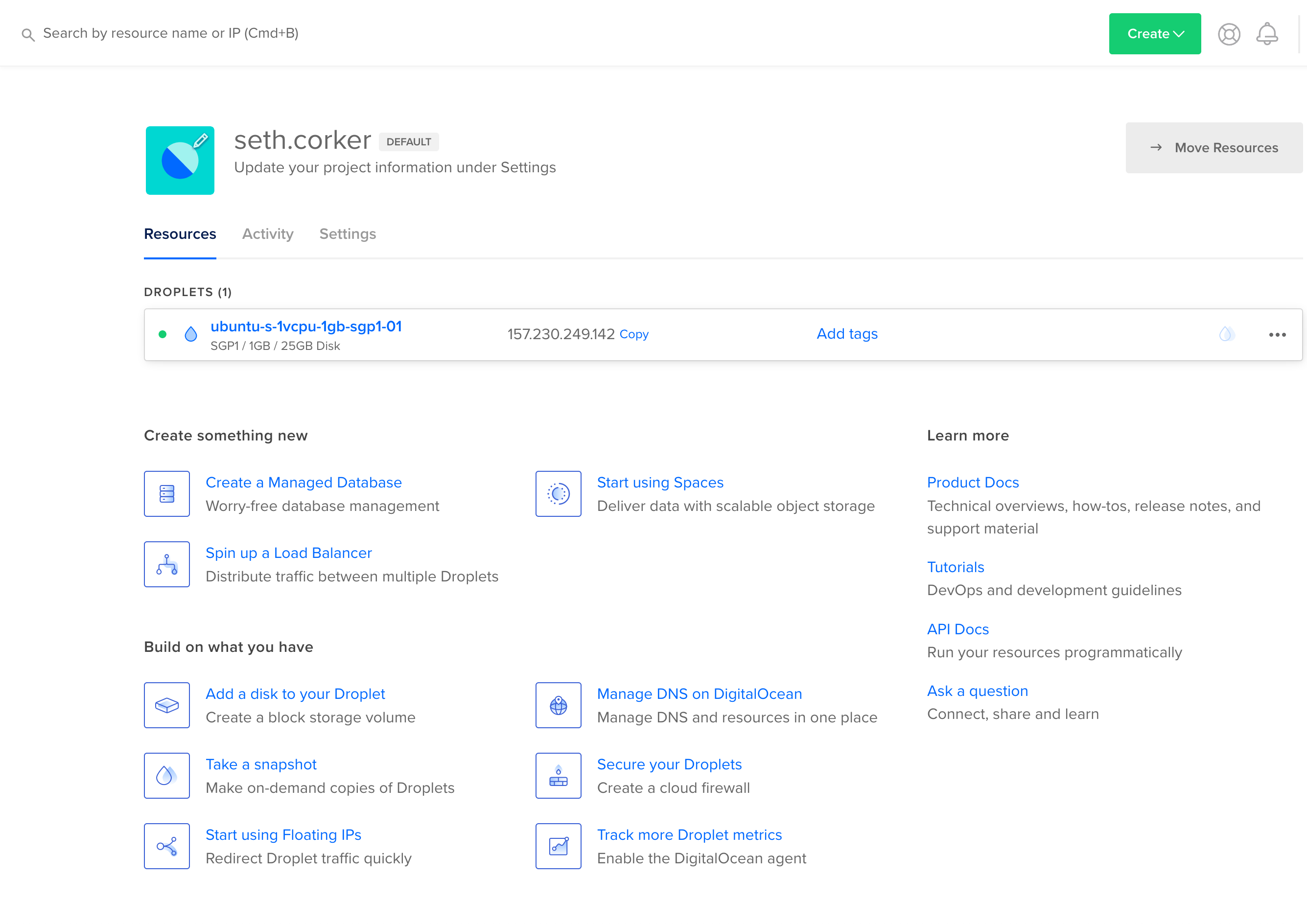 the dashboard showing a new droplet and other DigitalOcean services