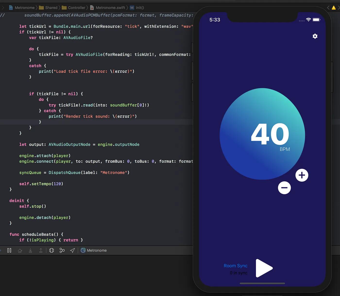 code to produce metronome and the app running side by side