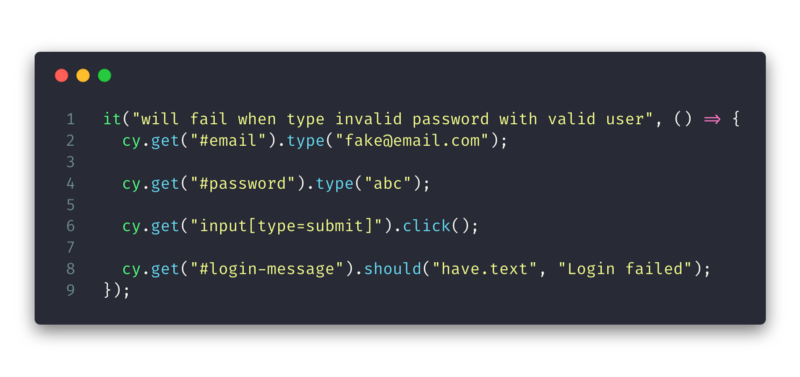 more involved codesnippet showing test setup and assert using .click and .type methods