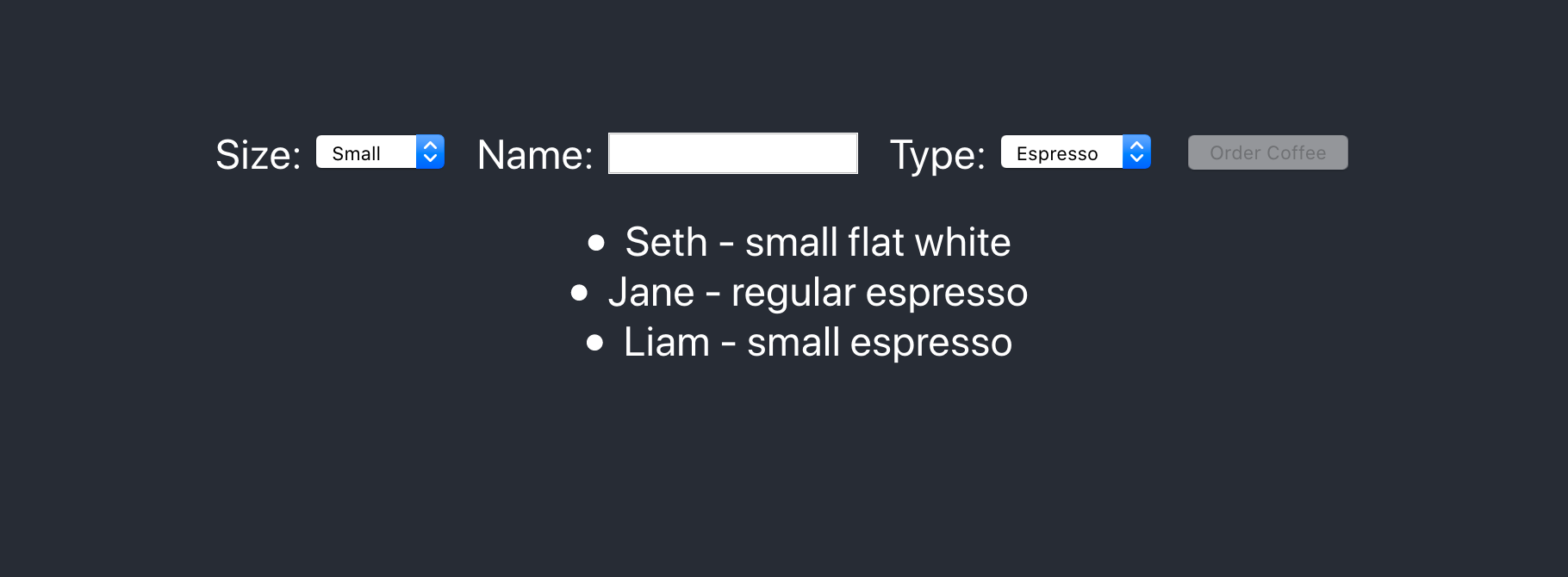 A screenshot of our coffee ordering web app in React