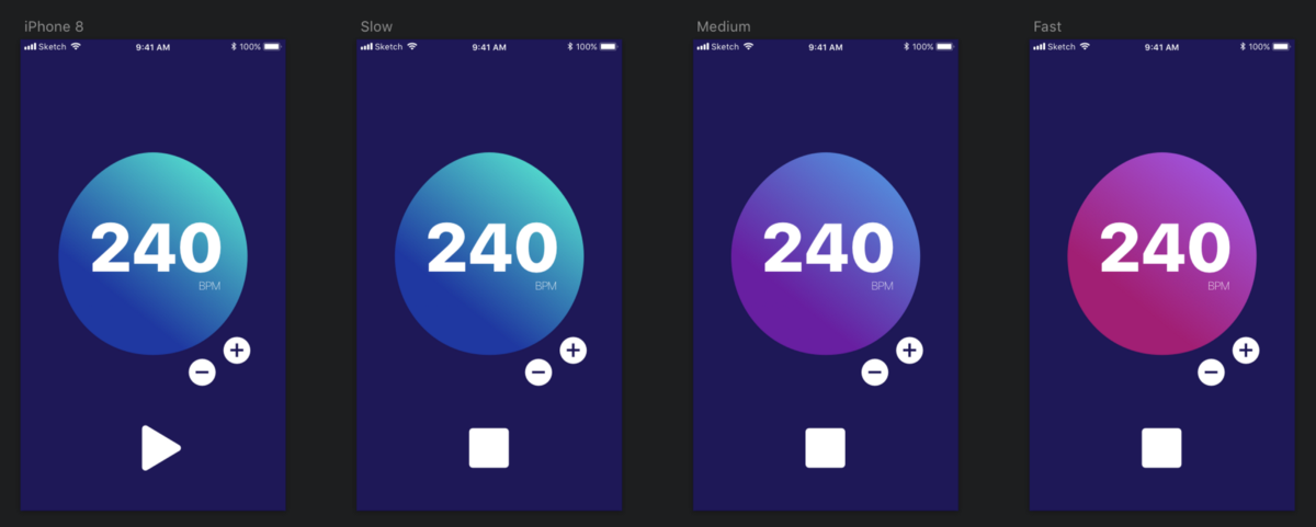 a series of mockups showing different speeds and colour changes in the app