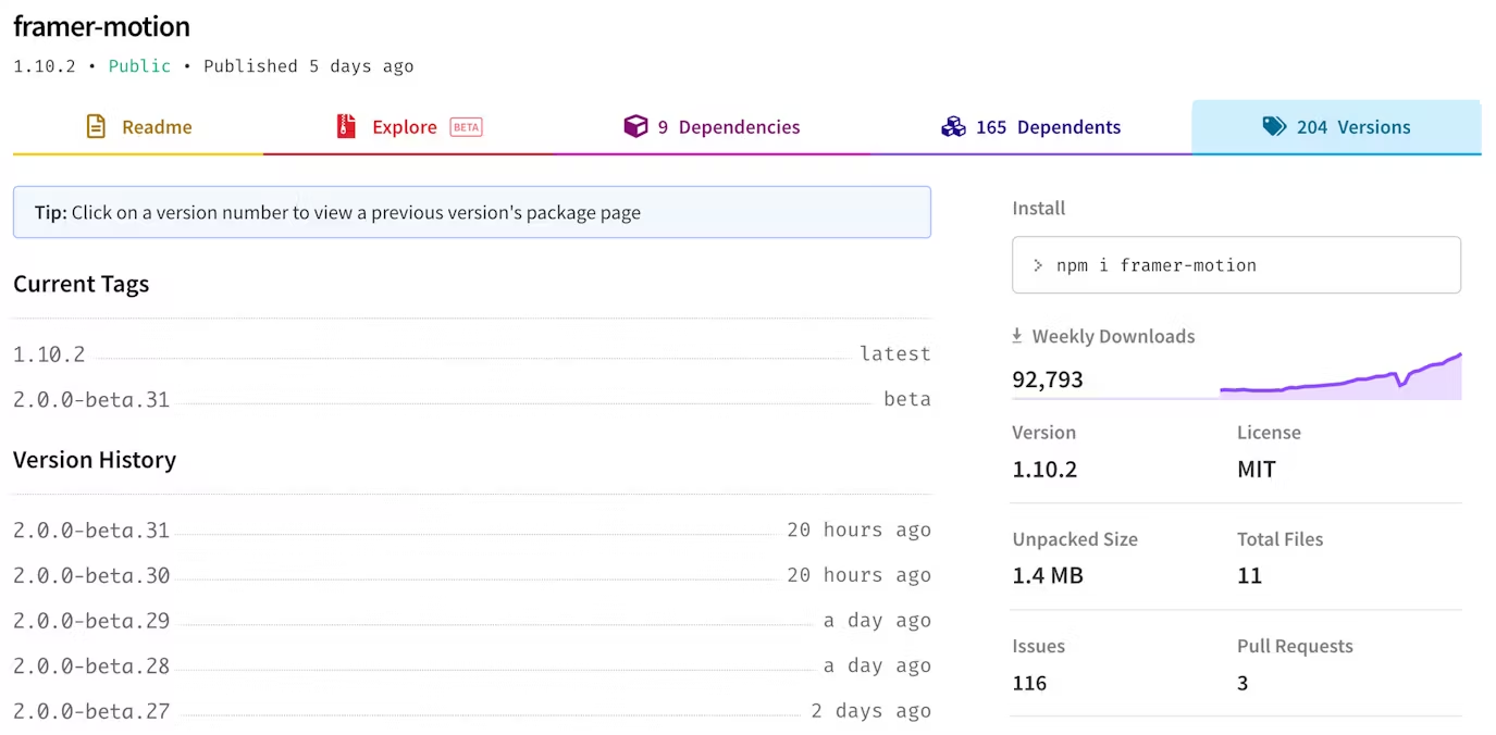 Screenshot of NPM framer-motion page showing version history