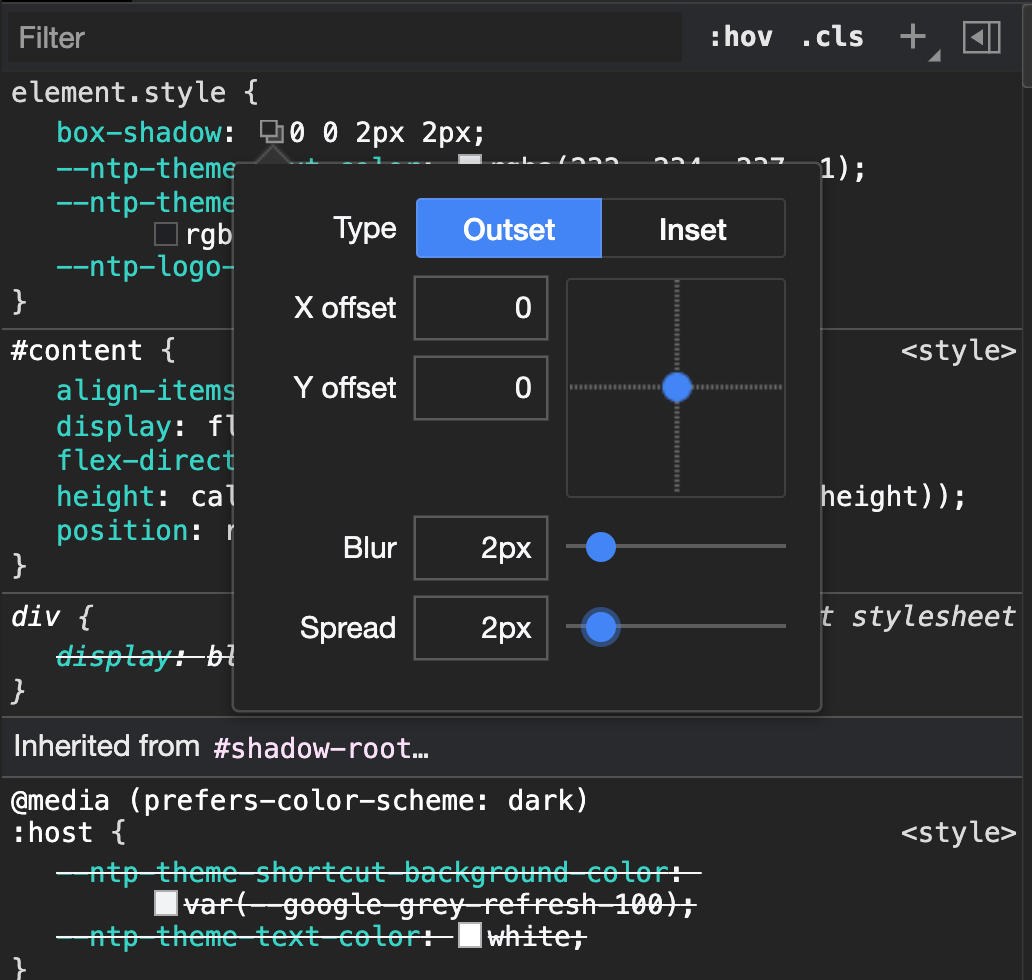 screenshot of editing box shadow in dev tools