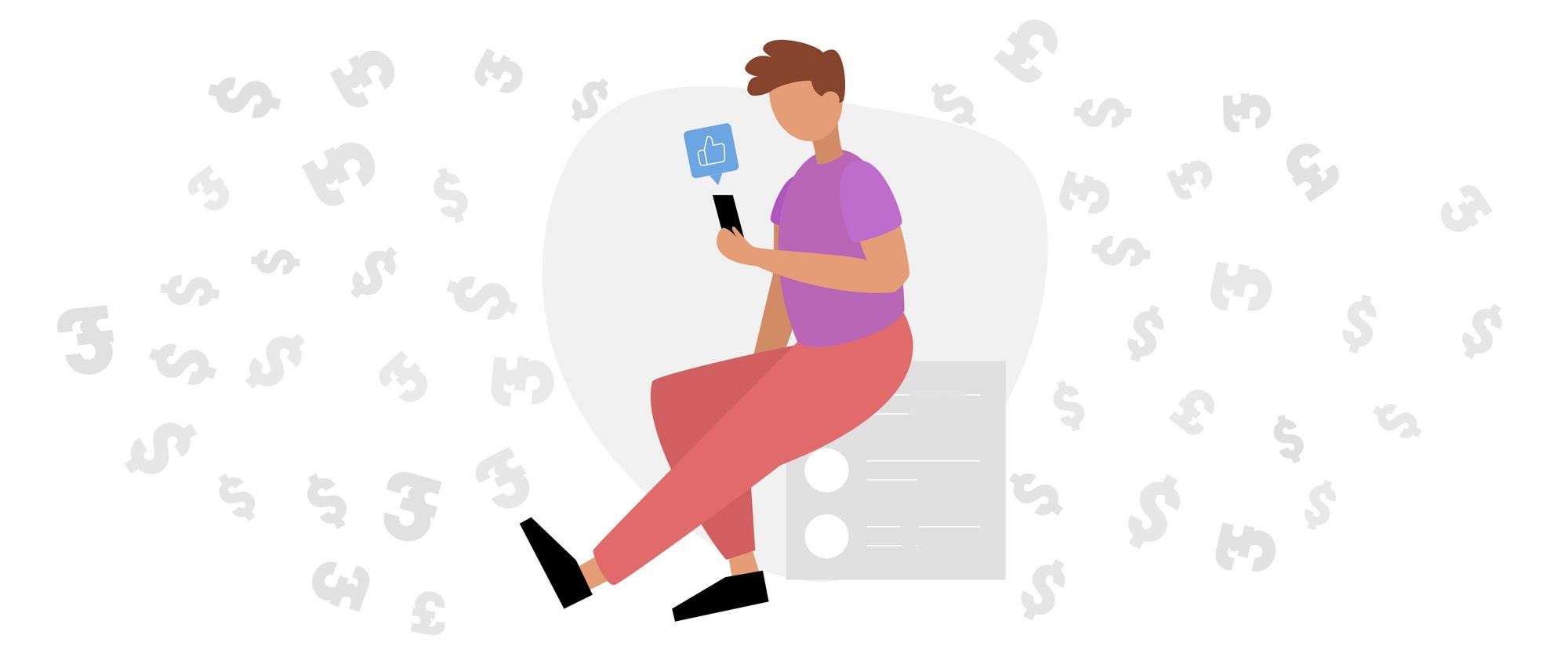 An illustrated person on their phone surrounded by pound and dollar signs