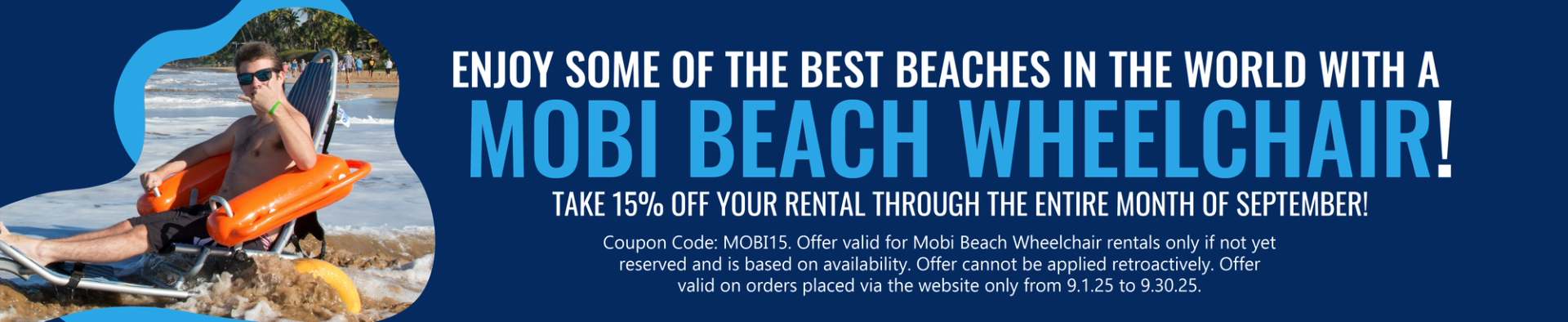Take 15% off your rental Mobi Beach Wheelchair with the code MOBI15