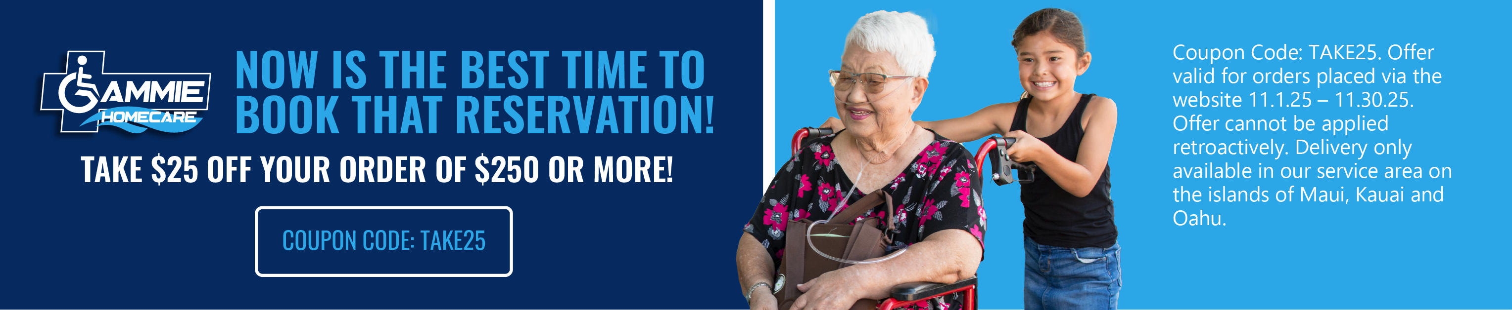 Use coupon code TAKE25 for $25 off an order of $250 or more. Offer valid through the month of November, 2025.