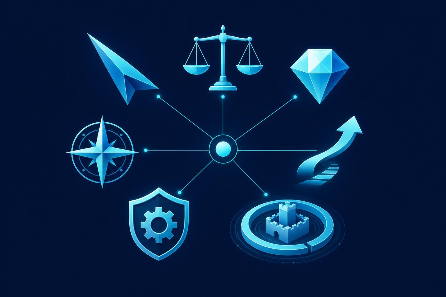 Abstract diagram of seven related but distinct concepts representing alternative terms for competitive advantage