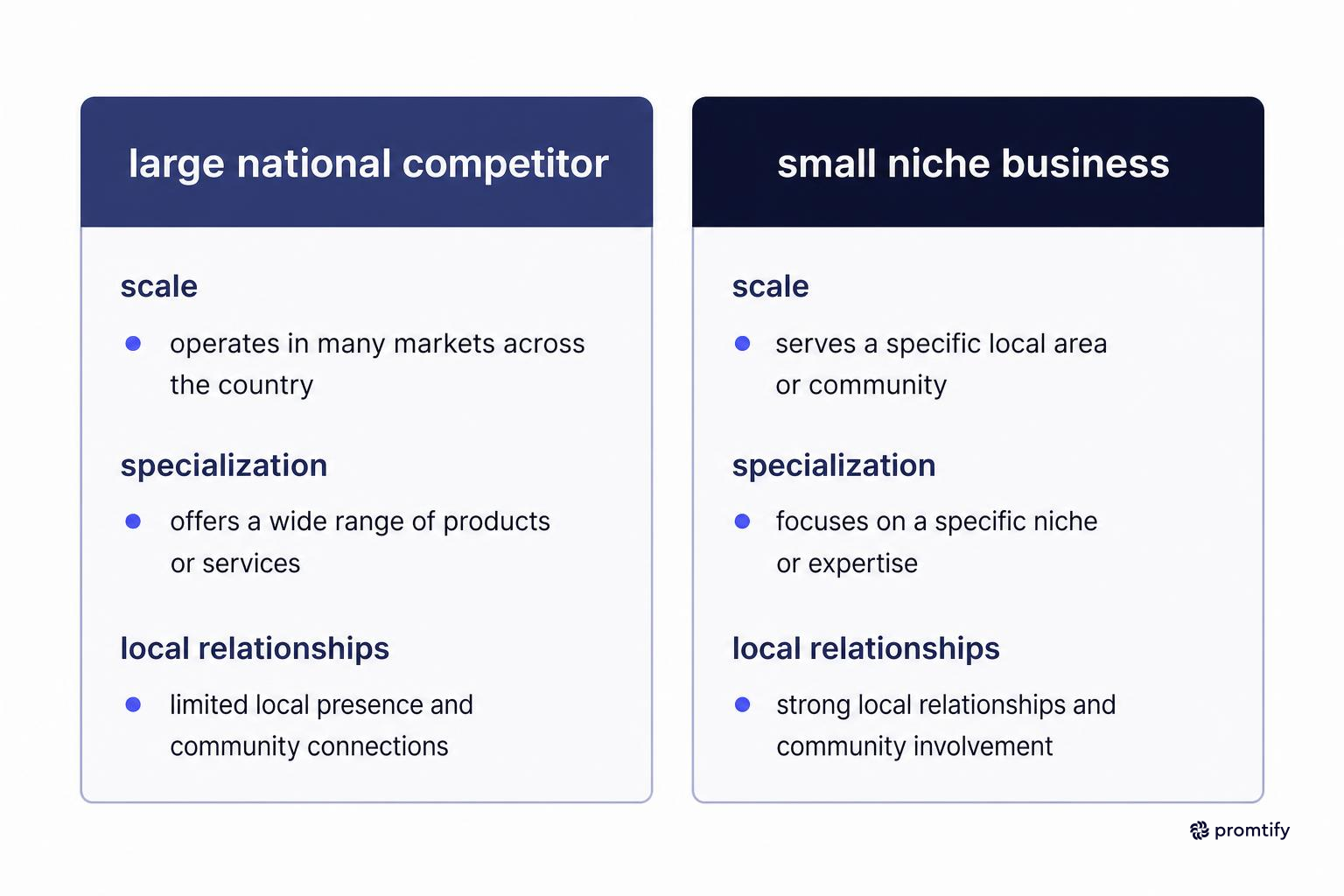 Comparison diagram of large competitor versus small niche business advantages