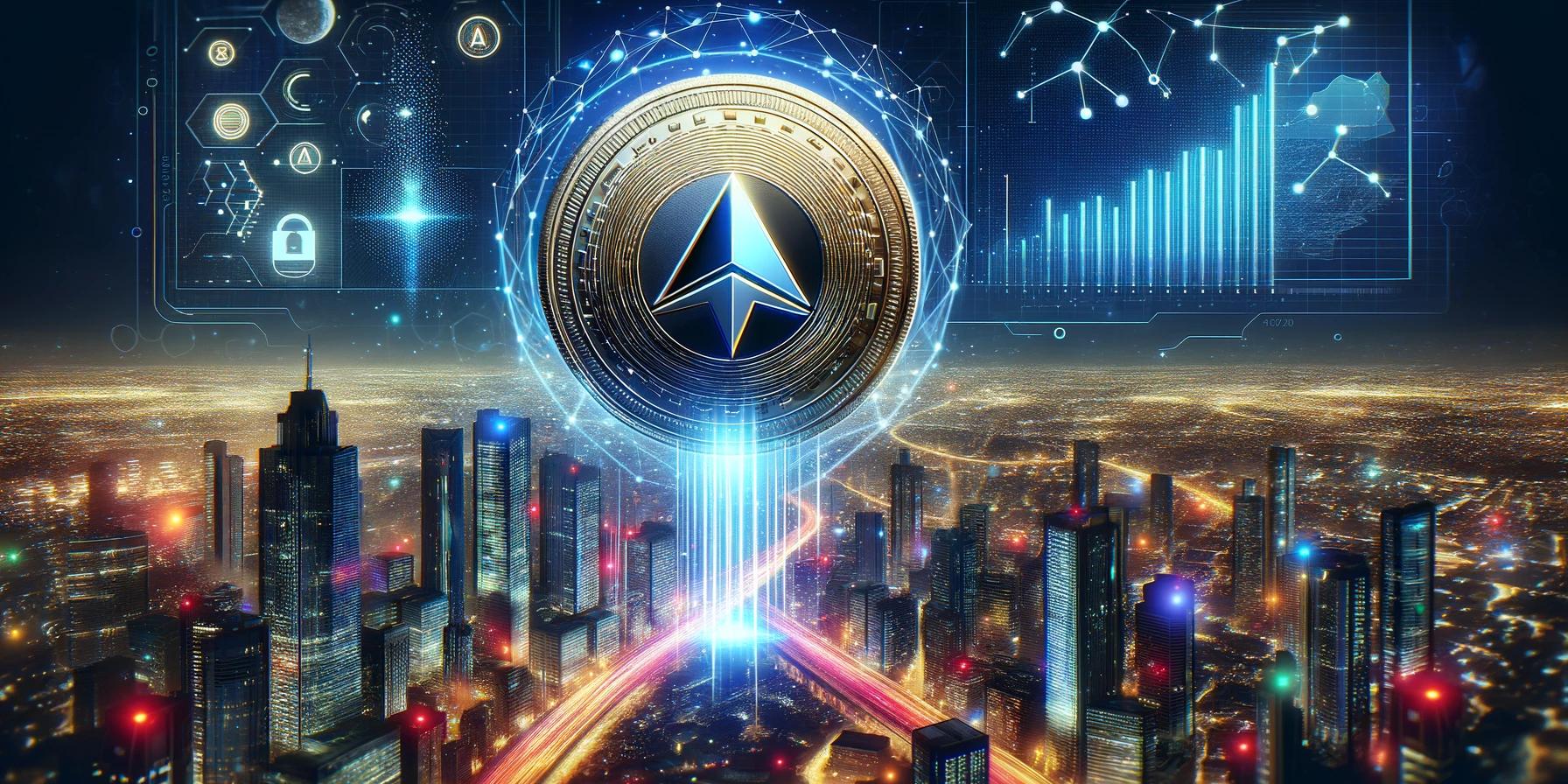 an aerial view of a city at night with a digital coin in the foreground .