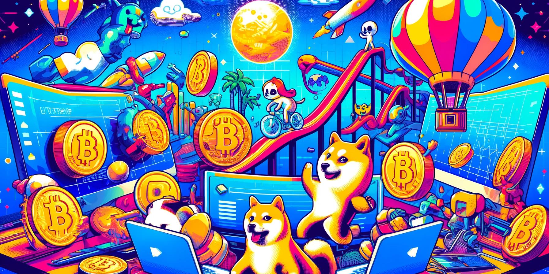 a colorful illustration of doge dogs sitting in front of laptops surrounded by bitcoins .