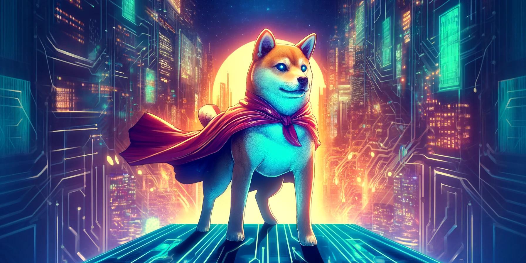 a doge wearing a cape is standing in a futuristic city .