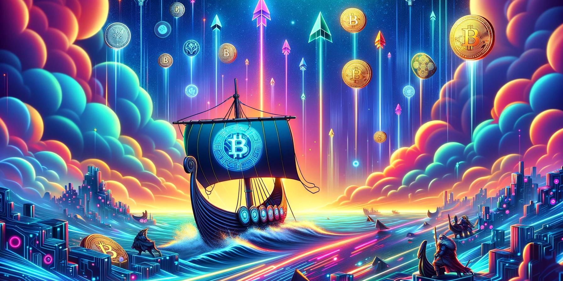 a colorful illustration of a viking ship carrying bitcoins .