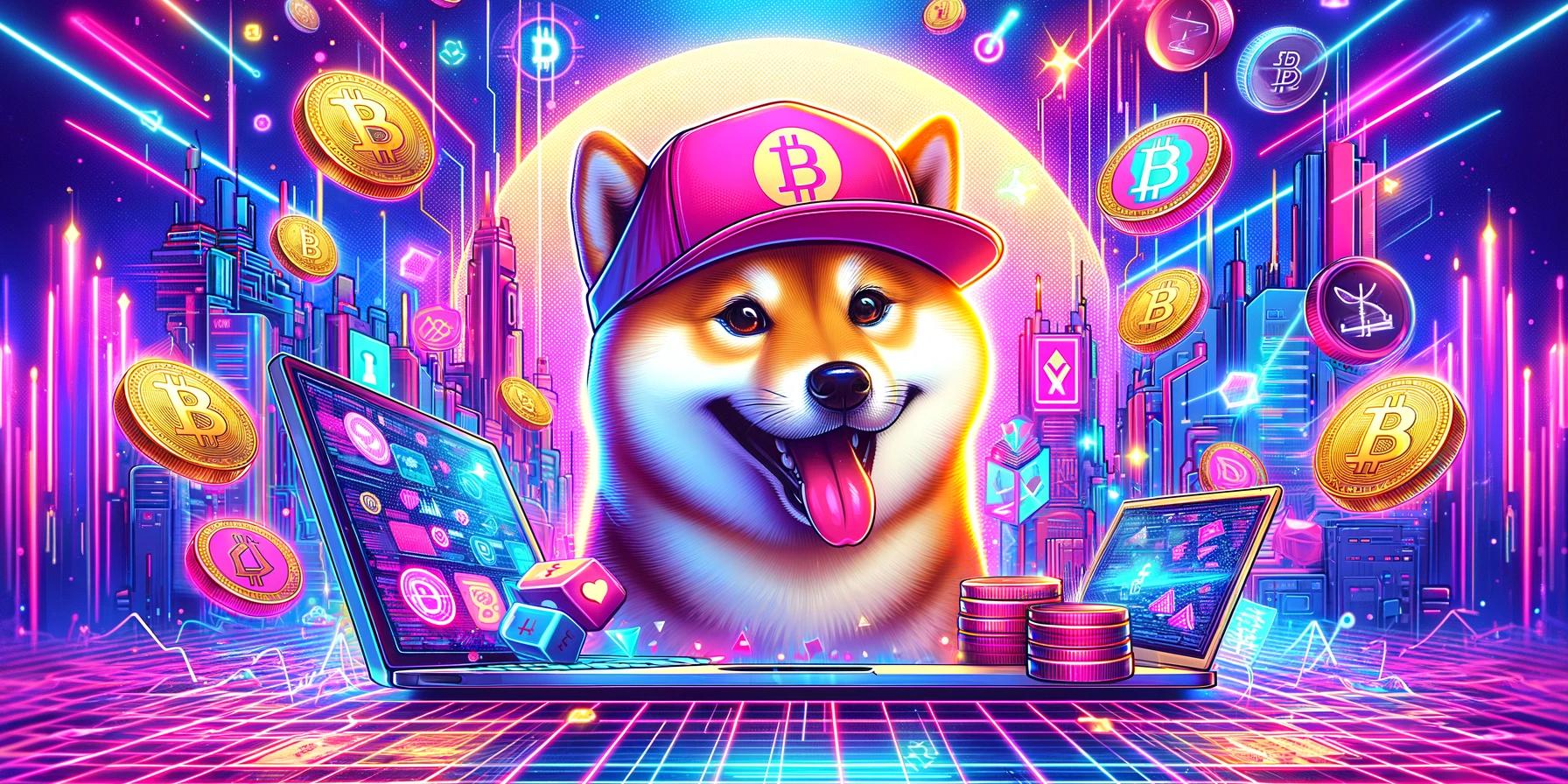 a doge wearing a bitcoin hat is sitting next to a laptop and a stack of coins .