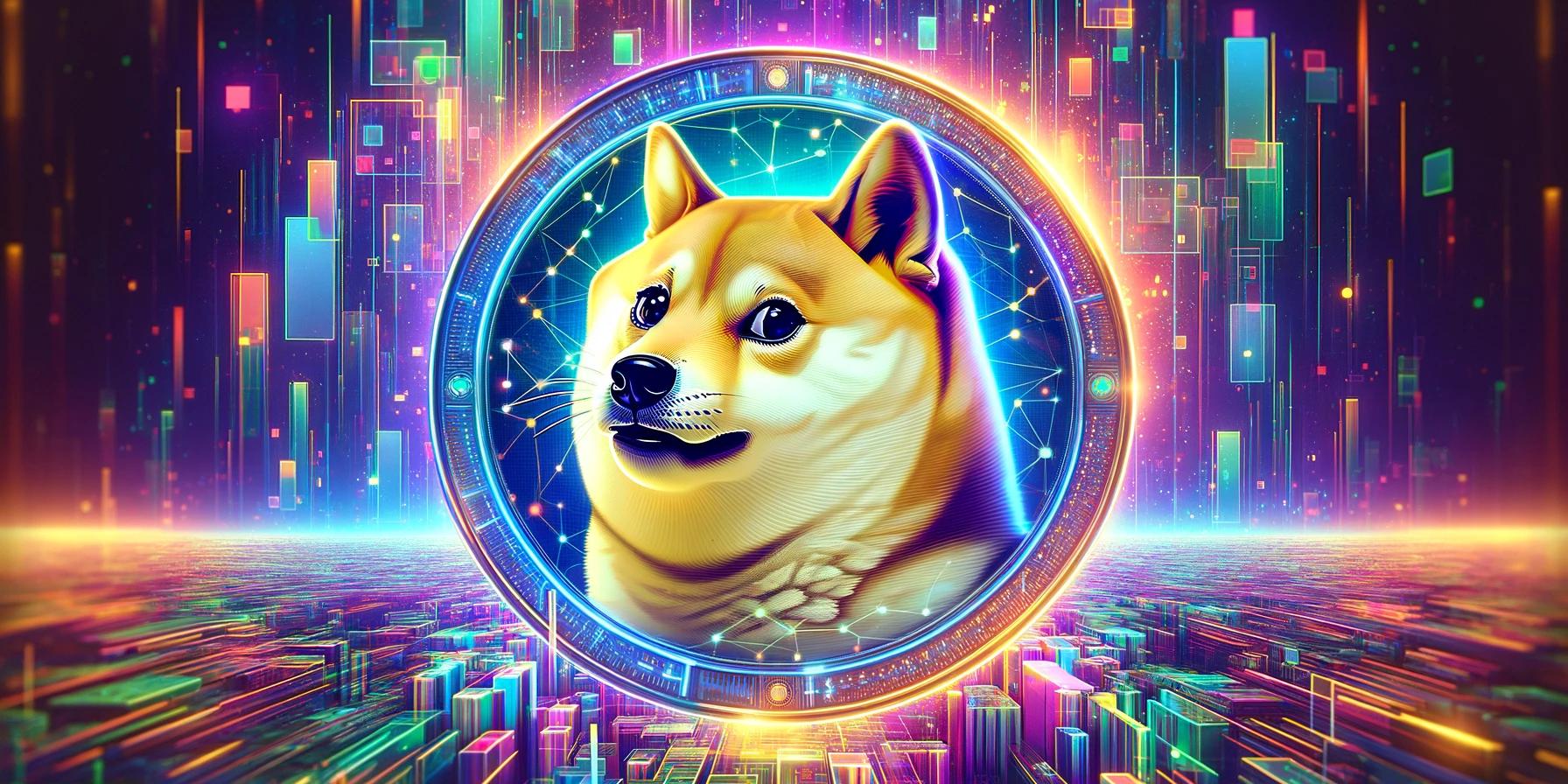 a doge coin is surrounded by a colorful background .