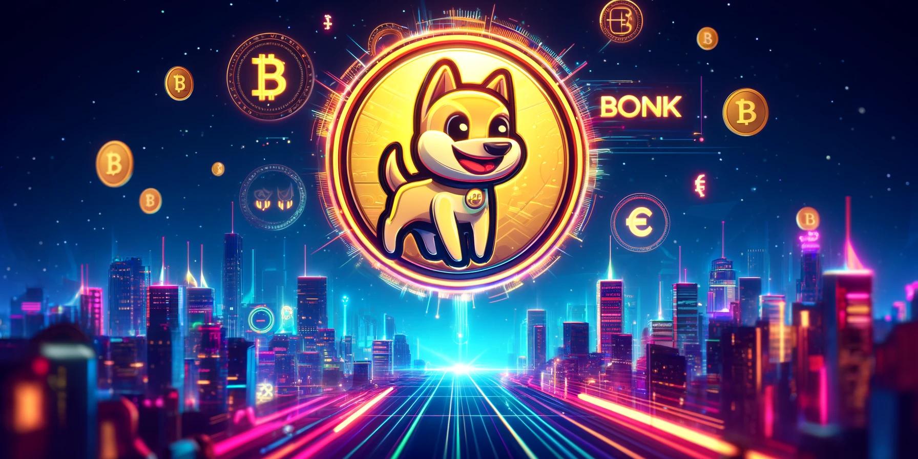 a doge coin is surrounded by coins and a city skyline .