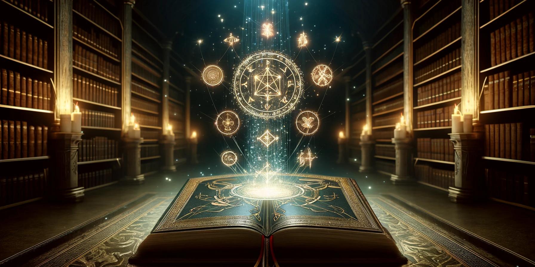 an open book in a library with a magical symbol coming out of it .
