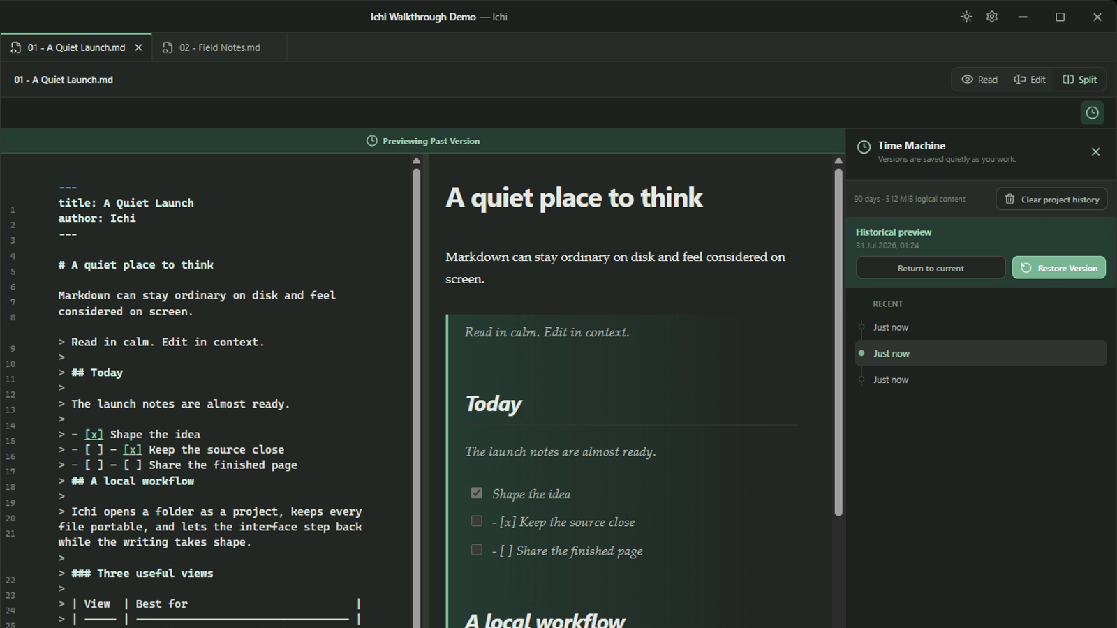 Ichi Time Machine previewing an earlier local version of a Markdown document