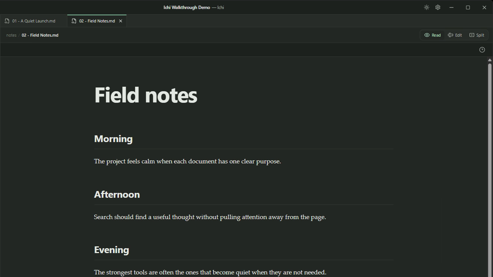 Two safe sample Markdown documents open as tabs in Ichi