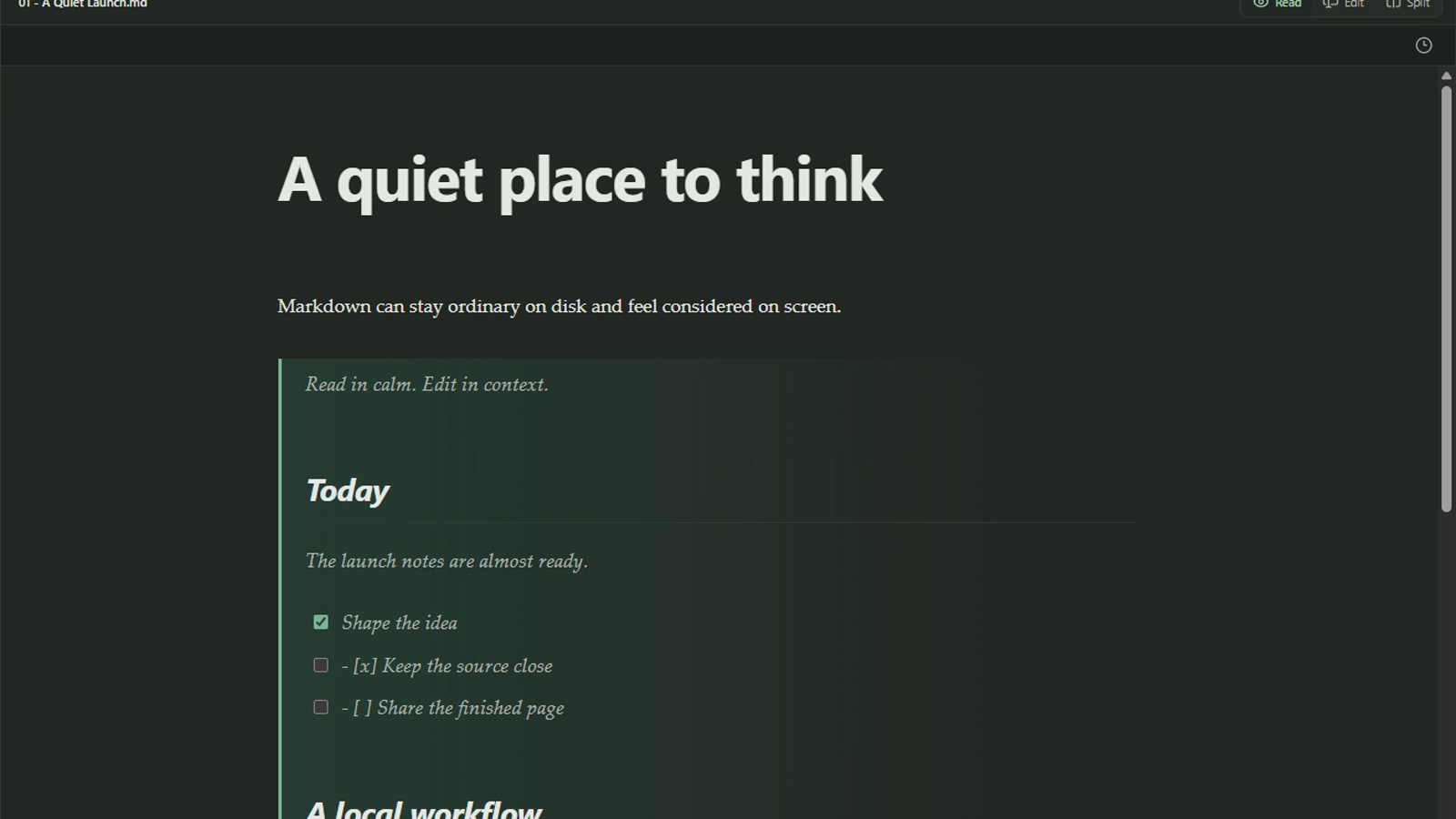 A substantial Markdown document rendered in Ichi reading view