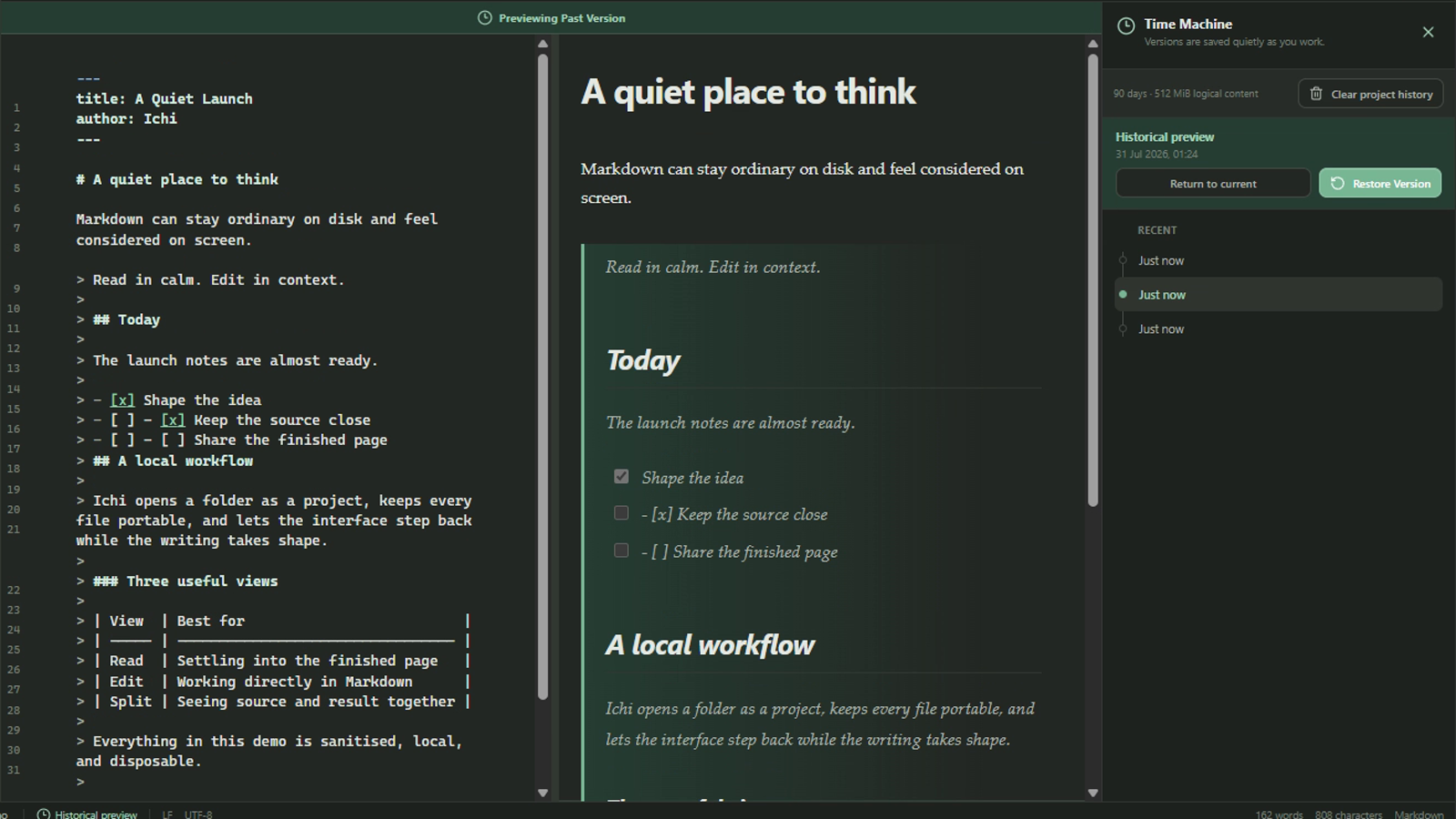 An earlier document state shown as a read-only historical preview with return and restore controls