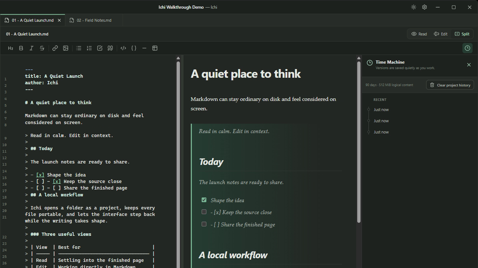 The Time Machine panel open beside the current Markdown document in Ichi