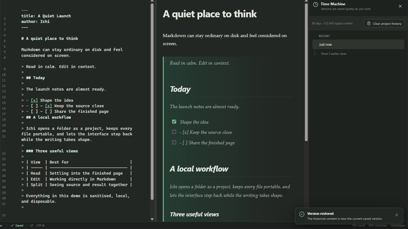 Ichi showing a restored Markdown version and the Version restored confirmation