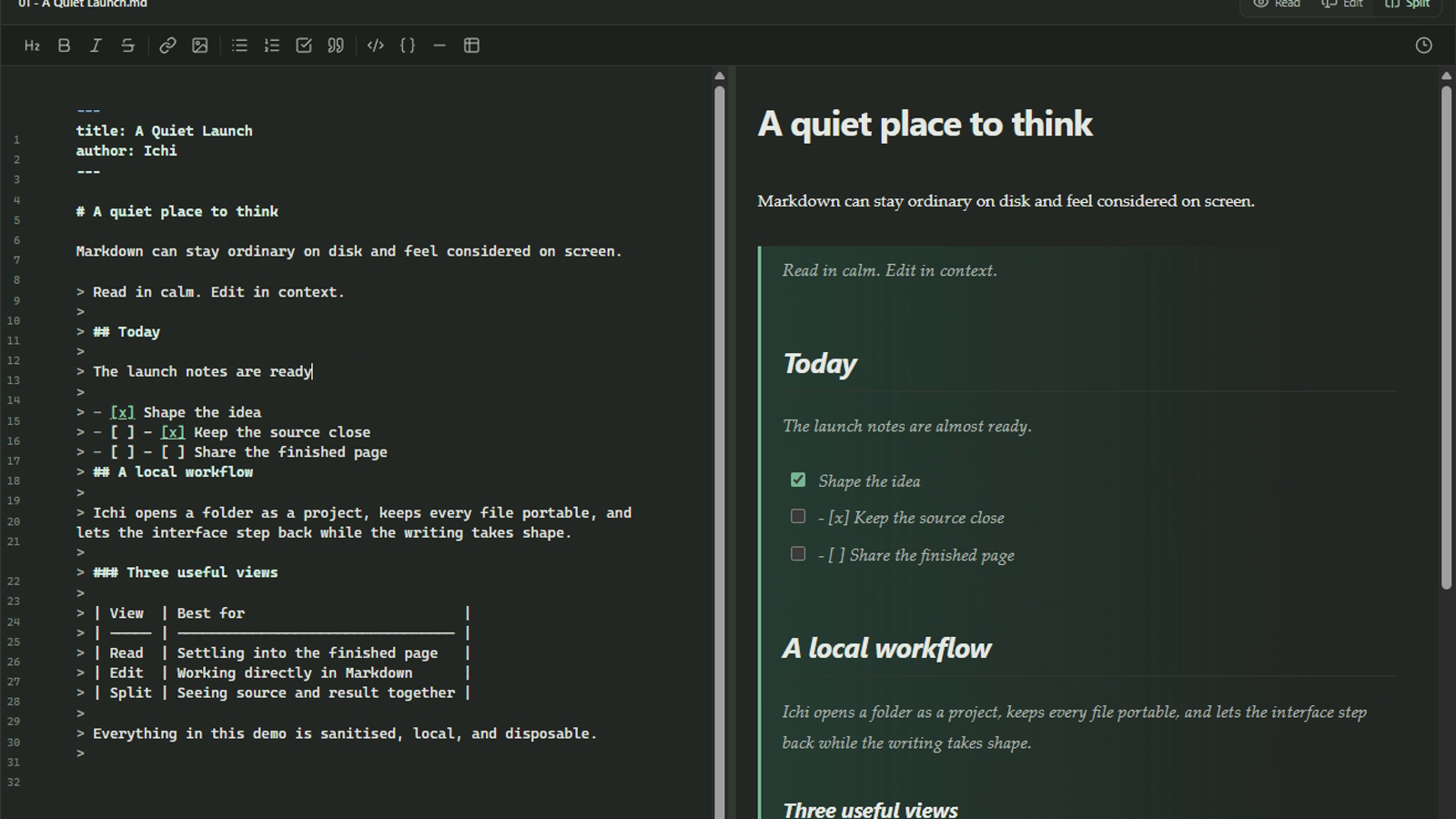 The same Markdown document shown as source and rendered preview in Ichi split view