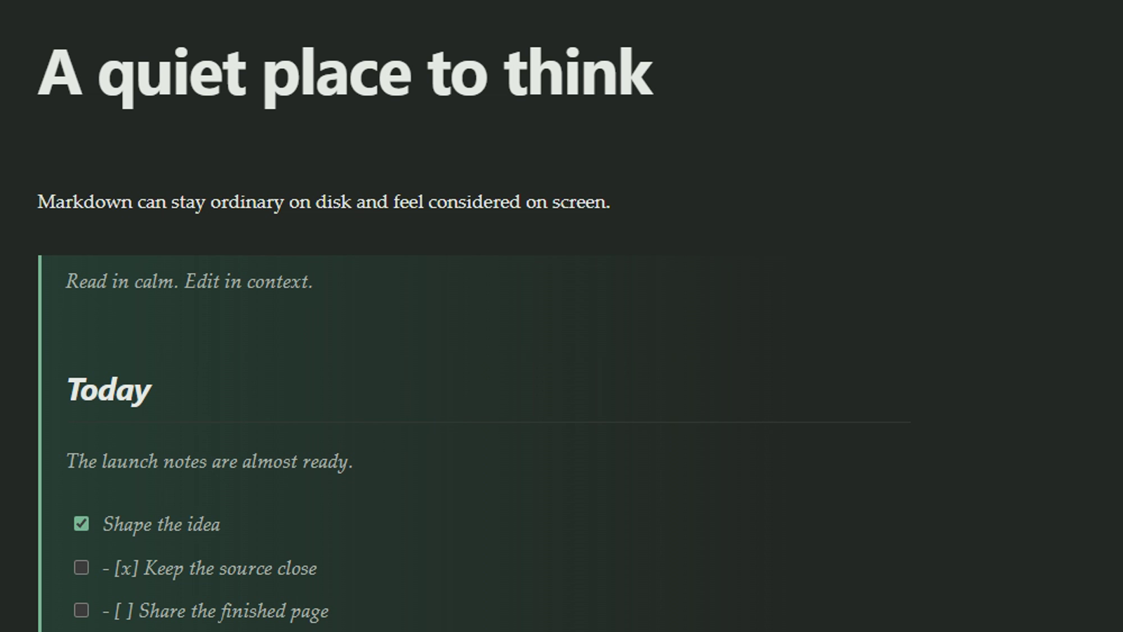 A closer view of headings, prose and a checklist rendered in Ichi