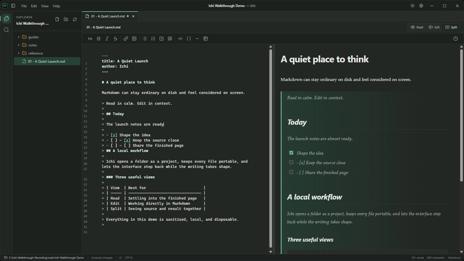 Ichi showing Markdown source and its rendered preview side by side